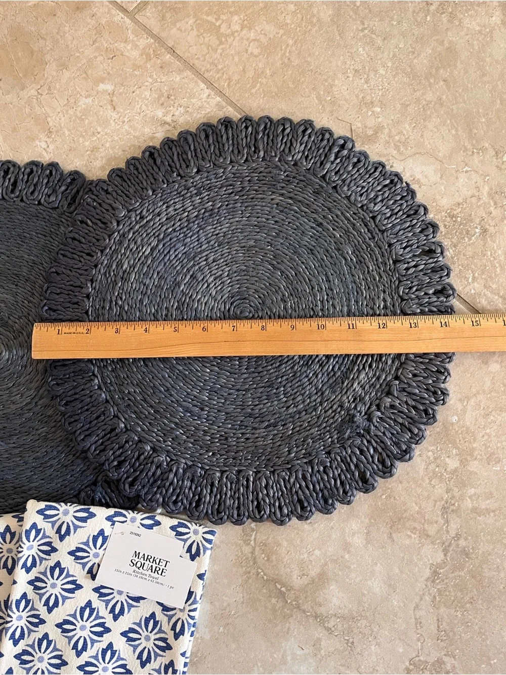 Jute Round Placemats and Matching Kitchen Towels 6 Piece Lot Indigo Blue